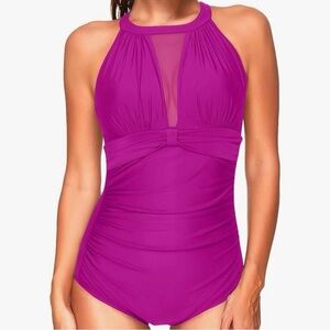Fuchsia Pink Mesh High Neck One Piece Bathing Suit Women’s Size S Ruched